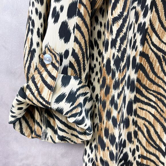 Jordan‎ Animal Print Blouse Womens Medium Mobwife Retro Safari Classic Roll Tab - Picture 5 of 8